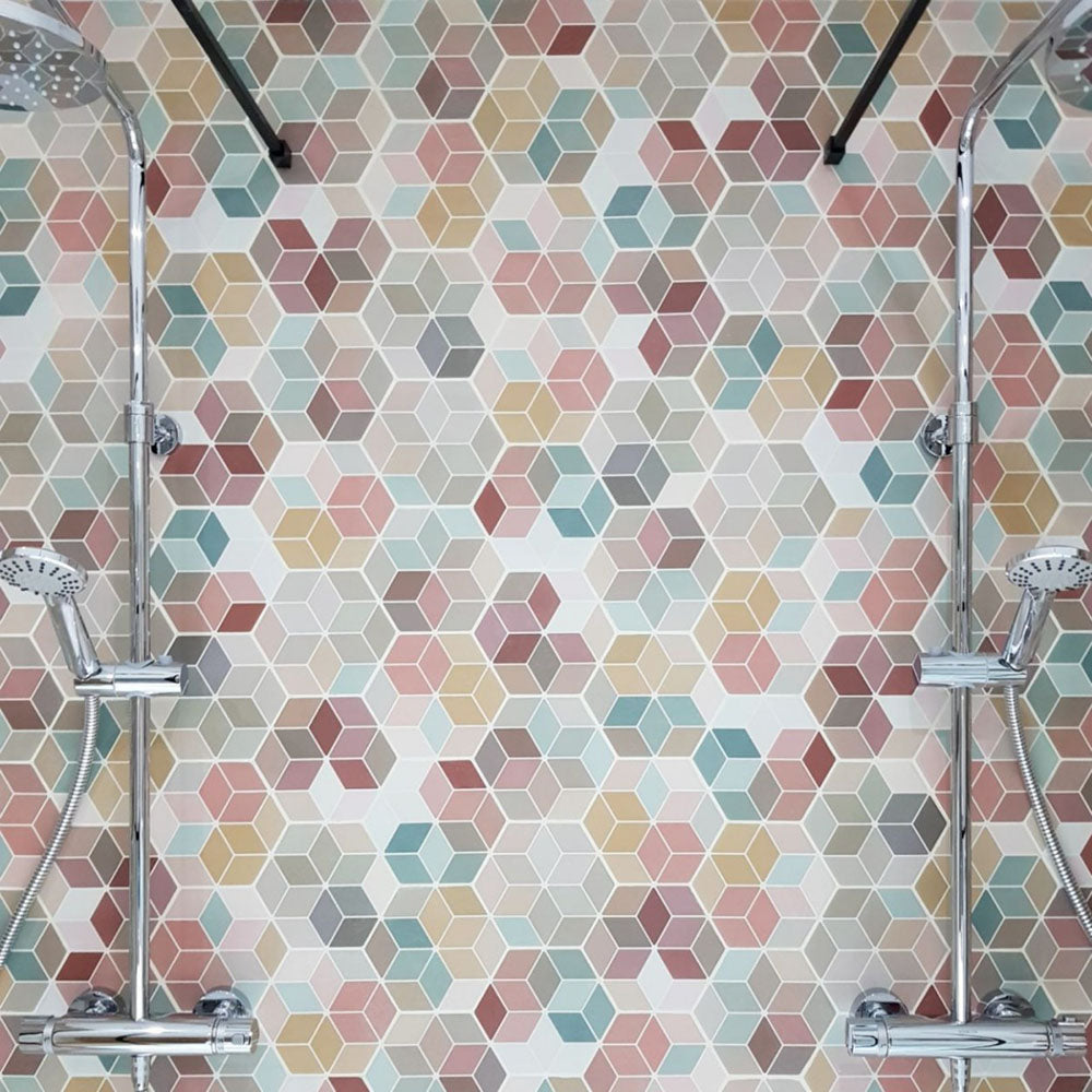 Shower wall featuring Athens Multicoloured Hexagon Patchwork 17x15cm Moroccan-style tiles, showcasing a geometric hexagon pattern in soft pastel and earthy tones for a vibrant yet balanced bathroom feature.