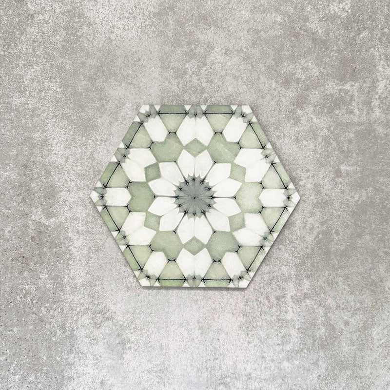 Single Medina Soft Green Moroccan-style hexagon porcelain tile, 18.7 × 21.6 cm, featuring a delicate geometric pattern in soft green and white tones on a neutral background.