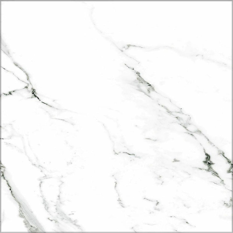 Close-up of Florence Grand Calacatta White 50x50cm marble-effect porcelain tile, featuring a bright white base with soft grey veining and a smooth, natural marble-look finish.