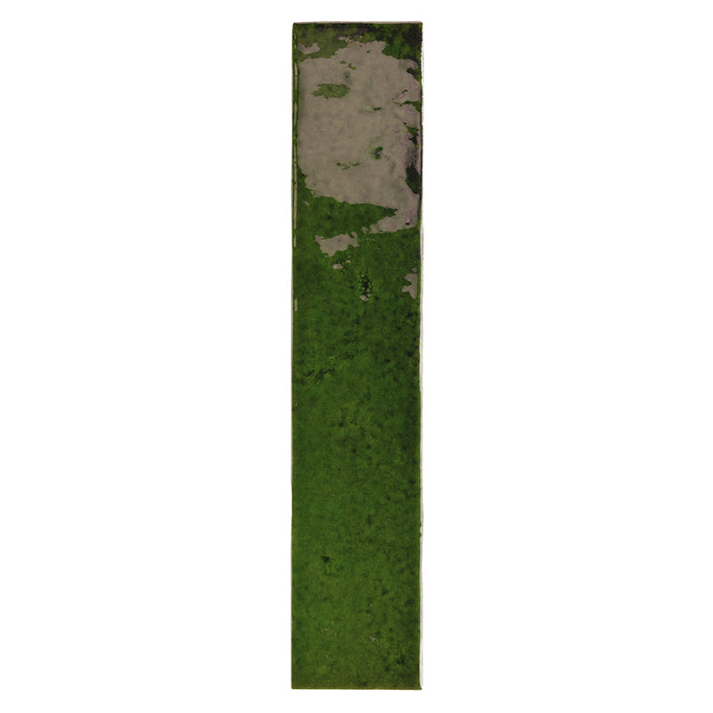 Single Bora Bora Tourmaline Green Brick wall tile in 6.5x32.8cm format with a flux glaze finish, featuring deep green tonal variation, organic surface texture and glossy movement shown individually against a plain background.
