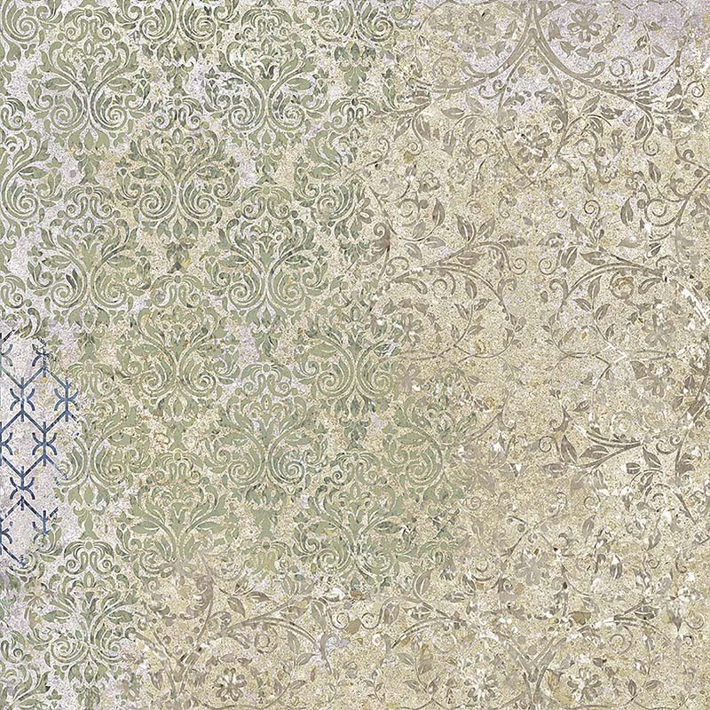 Boho Ocean Blend 60x60cm patterned porcelain tile shown as a single tile design, featuring an intricate, layered motif in soft sage green, muted blue and warm neutral tones. The decorative pattern combines delicate damask-inspired detailing with subtle distressed effects, creating depth and movement across the surface. Ideal for statement kitchen floors, bathrooms or feature areas where a characterful patterned finish is desired.