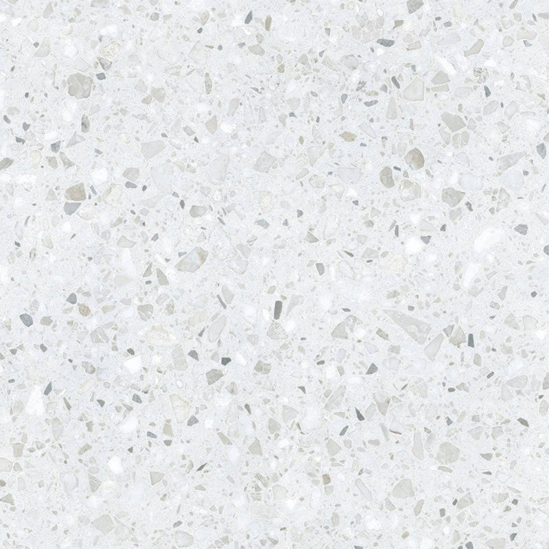 Close-up of Gelato White 66x66cm terrazzo-style porcelain tile, featuring a soft white base with delicate, tonal terrazzo flecks for a clean, subtle and contemporary finish.