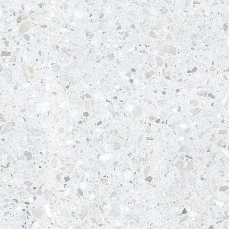 Close-up of Gelato White 66x66cm terrazzo-style porcelain tile, featuring a soft white base with delicate, tonal terrazzo flecks for a clean, subtle and contemporary finish.