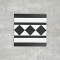 Single Dorset Black & White Victorian-style porcelain border tile in a 25 × 25cm format, featuring a classic striped and diamond geometric design, shown on a neutral background to highlight the contrasting black and white detailing used for decorative borders.
