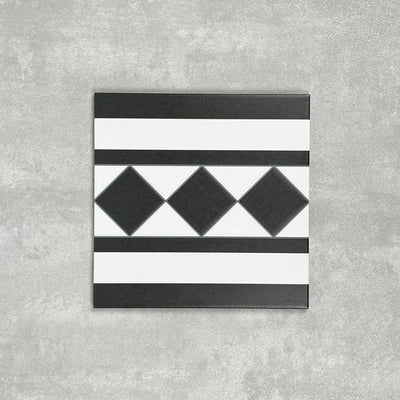 Single Dorset Black & White Victorian-style porcelain border tile in a 25 × 25cm format, featuring a classic striped and diamond geometric design, shown on a neutral background to highlight the contrasting black and white detailing used for decorative borders.