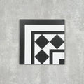 Single Dorset Black & White Victorian-style porcelain corner tile in a 25 × 25cm format, featuring a classic geometric design with contrasting black and white detailing, shown on a neutral background to highlight its use for creating decorative corner borders.