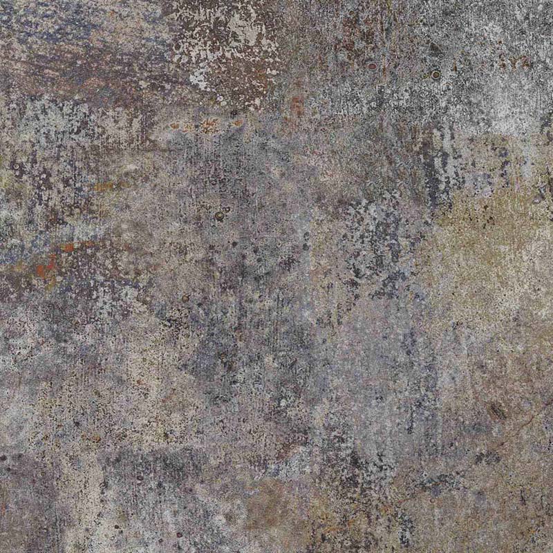 Flat lay of Boho Sonoro 60 × 60cm patterned tiles, featuring rich earthy tones with a heavily distressed, layered effect. Ideal for creating textured, characterful floors or walls in contemporary and industrial-style interiors.