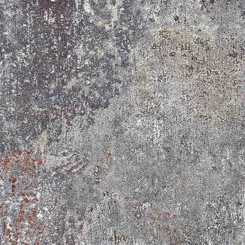 Flat lay of Boho Sonoro 60 × 60cm patterned tiles, featuring rich earthy tones with a heavily distressed, layered effect. Ideal for creating textured, characterful floors or walls in contemporary and industrial-style interiors.