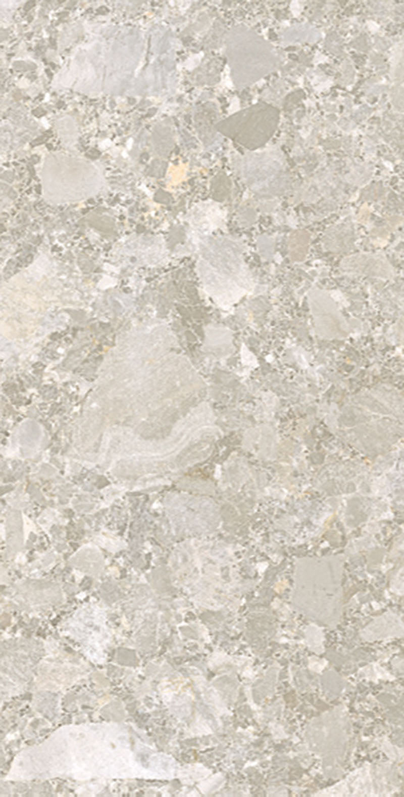 Close-up of Essentials Terrazzo Stone Avorio 60x120cm terrazzo effect porcelain tile, showcasing soft beige and ivory tones with varied stone fragments and a natural, blended surface design.