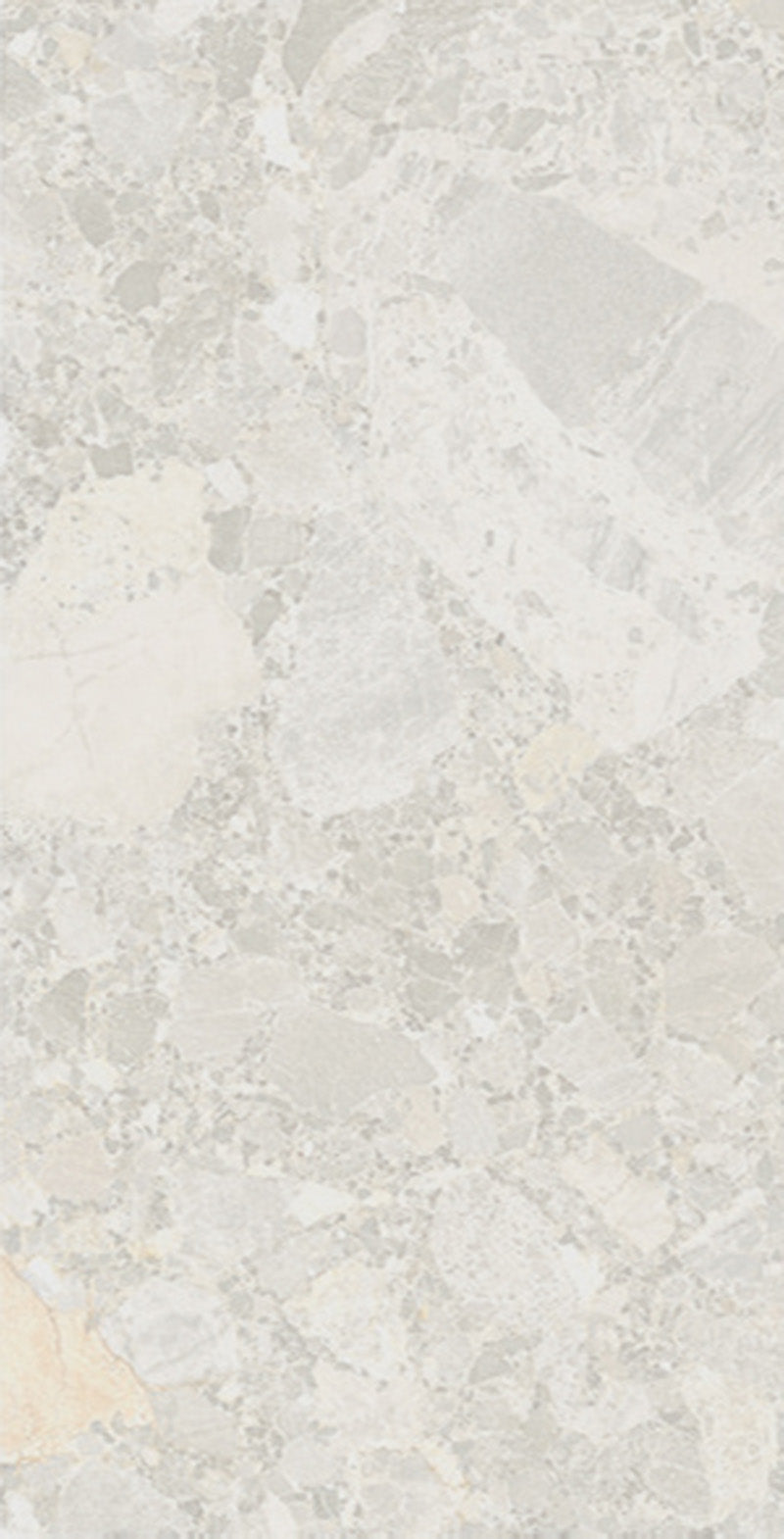 Close-up of Essentials Terrazzo Stone Blanca 60x120cm terrazzo effect porcelain tile, showcasing soft white and beige tones with varied stone fragments and a natural, blended surface pattern.