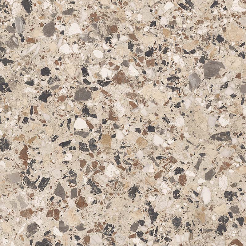 Close-up of the Stuzzi Dolmia 60x60cm terrazzo style porcelain tile, featuring a soft beige base with a blend of cream, taupe, brown, grey and charcoal stone fragments. The realistic 4D brushed finish enhances the texture and depth, creating an authentic terrazzo effect.
