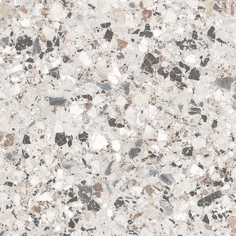 Close-up of the Stuzzi Lunar 60x60cm terrazzo style porcelain tile, featuring a soft light grey base with a blend of white, silver, charcoal and taupe stone fragments. The realistic 4D brushed finish enhances the texture and depth, creating an authentic terrazzo effect.