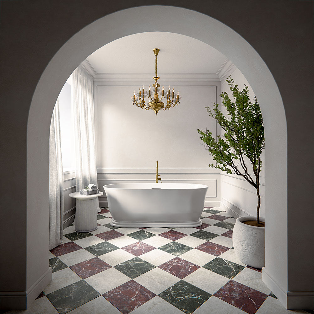 Bathroom interior featuring Divine Taj Mahal Matt Marble effect 30 × 30cm porcelain floor tiles in a chequerboard layout, styled with a freestanding bath, brass fittings, and soft natural light.