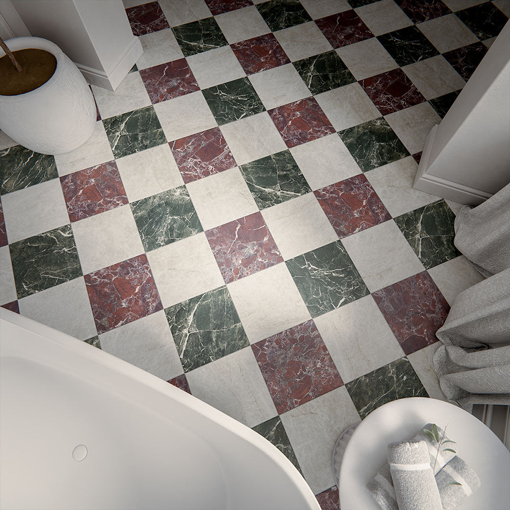 Bathroom floor featuring Divine Taj Mahal Matt Marble effect 30 × 30cm porcelain tiles in a chequerboard layout, combining green, red, and neutral tones, styled with soft furnishings and natural light.