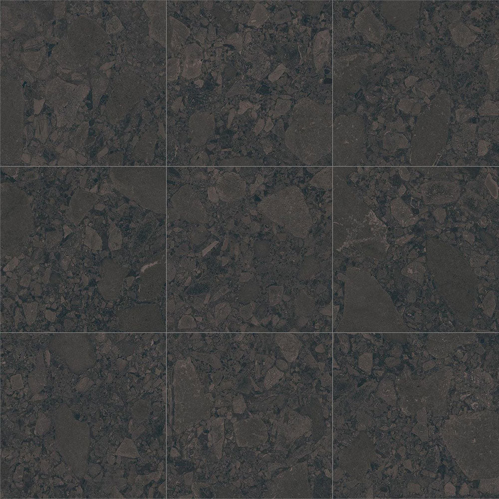Tile sheet showing Terrazerri Terrazzo Black 60x60cm porcelain tiles arranged in a 3x3 layout. The deep charcoal terrazzo effect features layered dark stone fragments with subtle tonal variation, creating a bold, contemporary surface for modern walls and floors.
