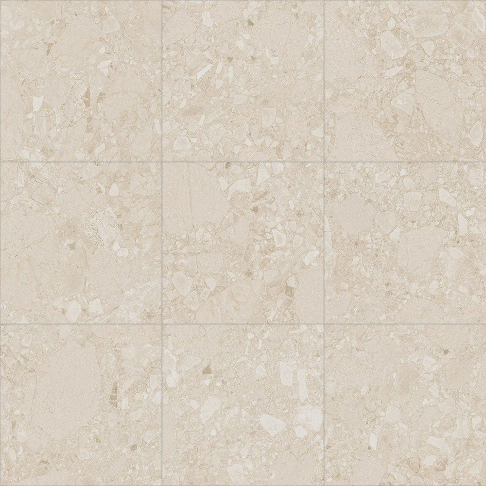Tile sheet showing Terrazerri Terrazzo Ivory 60x60cm porcelain tiles arranged in a 3x3 layout. The warm ivory terrazzo effect features soft cream and beige stone fragments with subtle tonal variation, creating a timeless, natural look ideal for contemporary floors and walls.