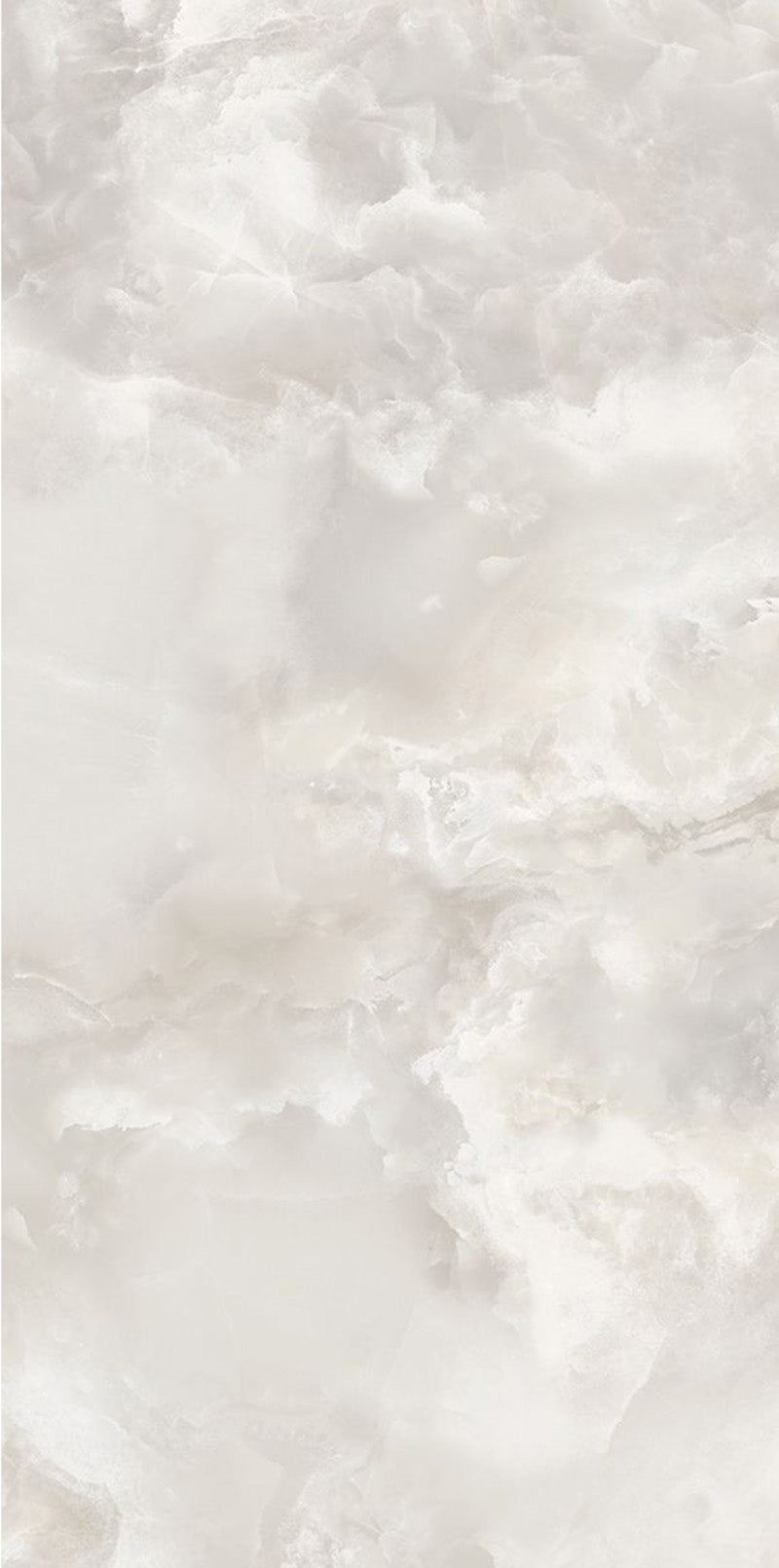 Close-up of Thebes White Honed Matt Onyx 60x120cm porcelain tile featuring soft white onyx-effect veining with delicate grey and warm beige tones. The honed matt finish creates a luxurious natural stone look, perfect for bathroom walls, feature walls and elegant interior spaces.