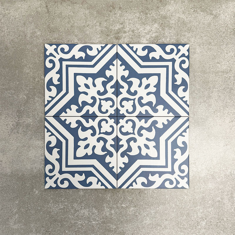 Four London Streets Thornton Place 20x20cm Victorian Moroccan style porcelain tiles arranged together to showcase the repeating blue and white geometric pattern inspired by traditional Victorian style decorative floor tiles.