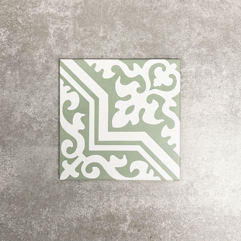 London Streets Thornton Place Sage Green 20cm x 20cm Victorian Moroccan style ceramic tile with intricate white ornamental pattern on a soft sage green background, shown as a single tile against a neutral textured backdrop.