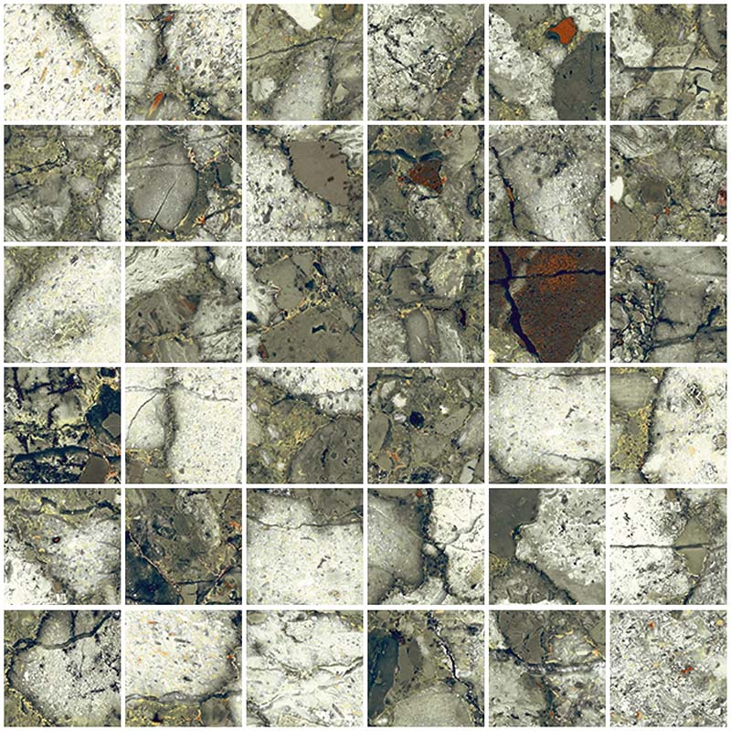 Close-up of Venice Emerald matt terrazzo effect porcelain mosaic tiles, featuring green-grey tones, oversized marble chips and natural stone detailing, ideal for splashbacks, shower walls, feature walls and decorative accents.