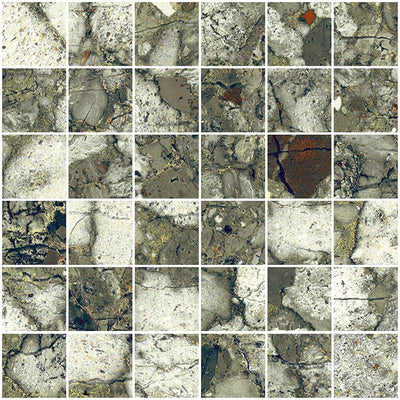 Close-up of Venice Emerald matt terrazzo effect porcelain mosaic tiles, featuring green-grey tones, oversized marble chips and natural stone detailing, ideal for splashbacks, shower walls, feature walls and decorative accents.