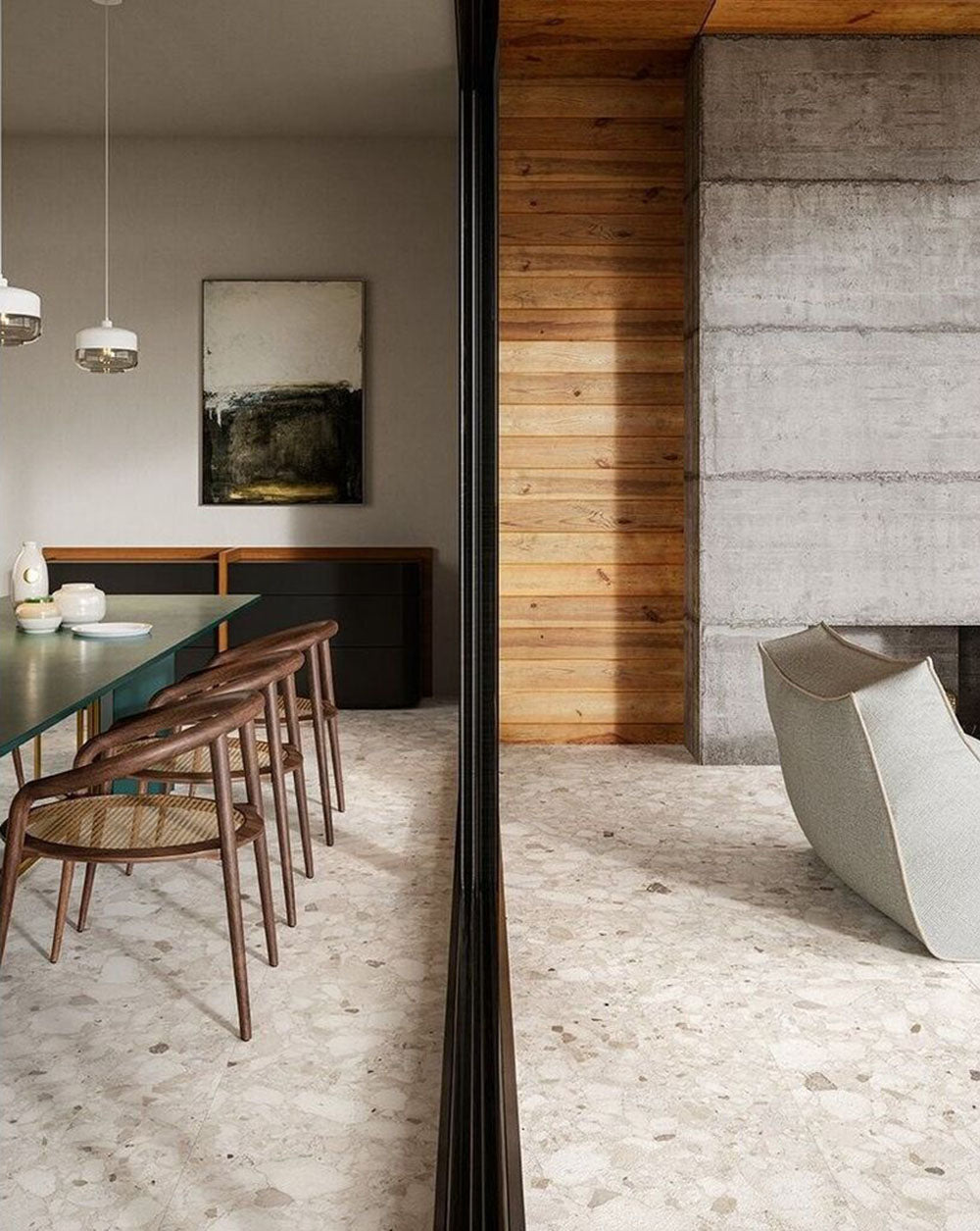 Open-plan dining and outdoor living area featuring Venice Ivory matt terrazzo effect porcelain tiles in a 60 x 120cm format, creating a seamless flow between indoor and outdoor spaces with warm timber and contemporary styling.