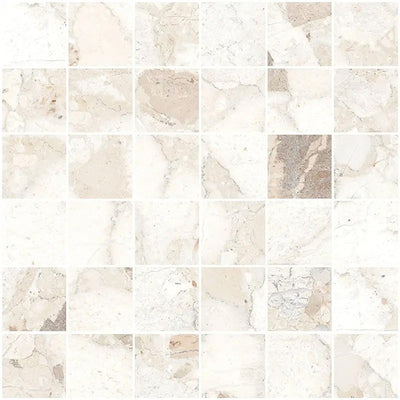Close-up of Venice Ivory matt terrazzo effect mosaic tiles in a 30 x 30cm sheet, featuring soft ivory and beige stone fragments for stylish splashbacks, shower walls and decorative feature areas.