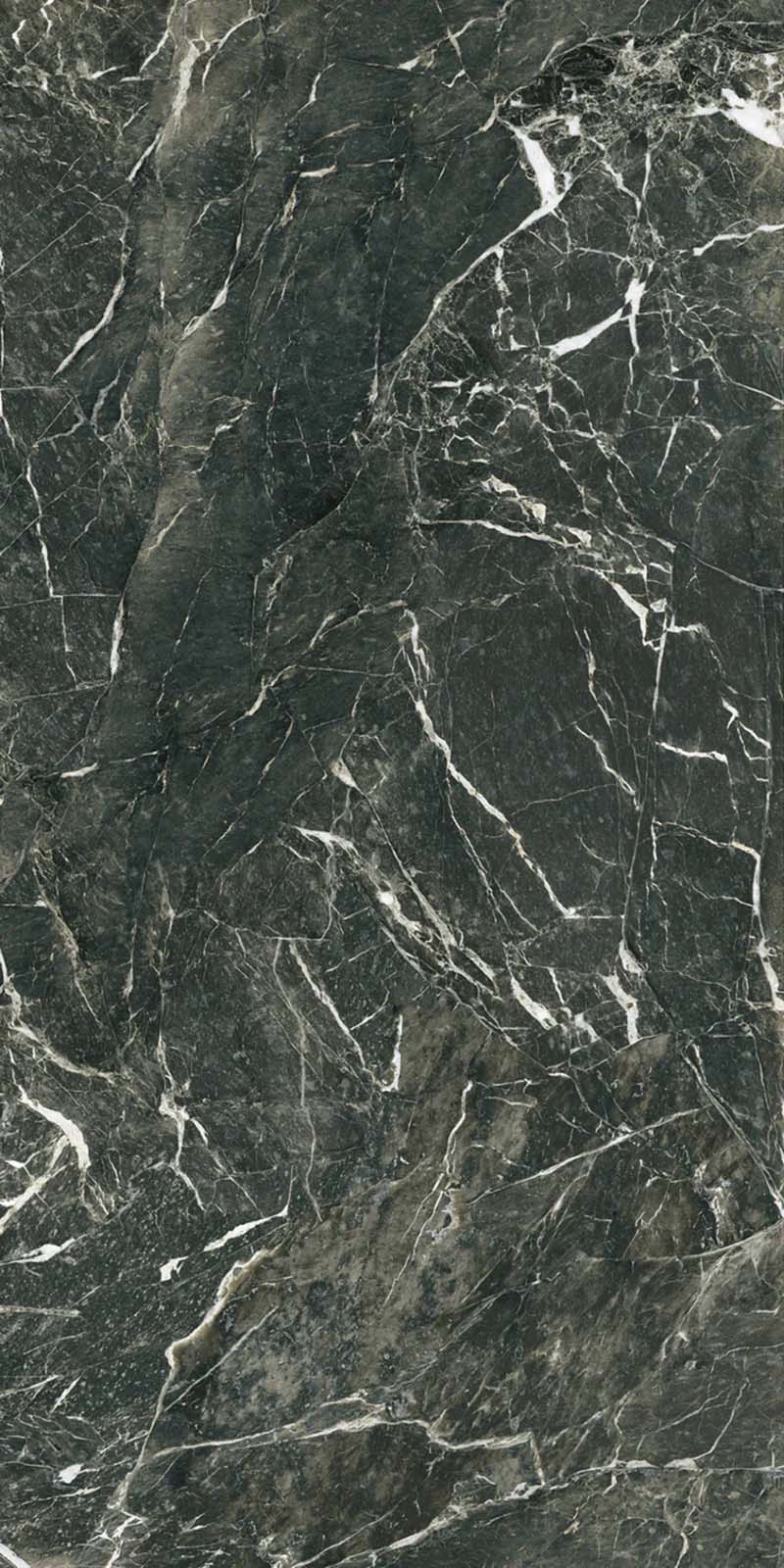 Close-up of Verde Apia Matt Green Marble effect 60 × 120cm porcelain tile, showcasing deep green tones with fine white veining, soft matt finish, and natural stone-inspired pattern variation.