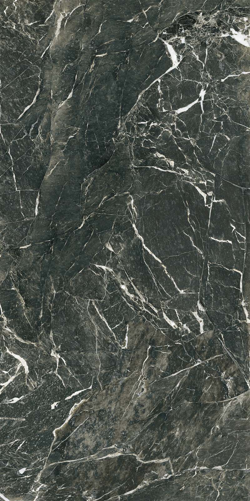 Close-up of Verde Apia Polished Green Marble effect 60 × 120cm porcelain tile, showcasing deep green tones with fine white veining, high-gloss finish, and natural stone-inspired pattern variation.