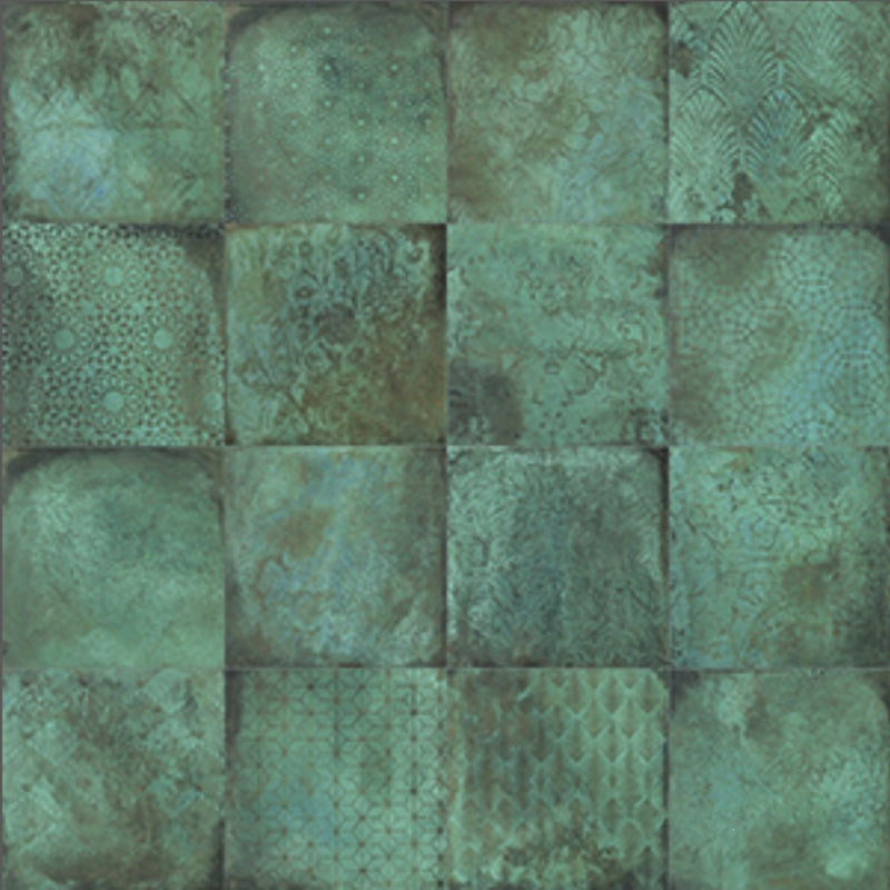 Close-up of Verde Patterns Copper Oxide 30cm x 30cm metallic effect porcelain tiles, featuring decorative etched patterns in rich blue-green tones for striking contemporary wall and floor designs.