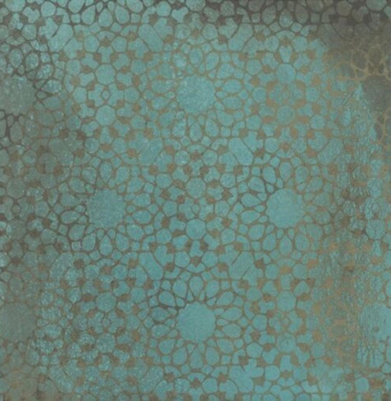 Close-up of Verde Patterns Copper Oxide 30cm x 30cm metallic effect porcelain tile, featuring intricate etched geometric patterns in rich blue-green tones for contemporary statement wall and floor designs.