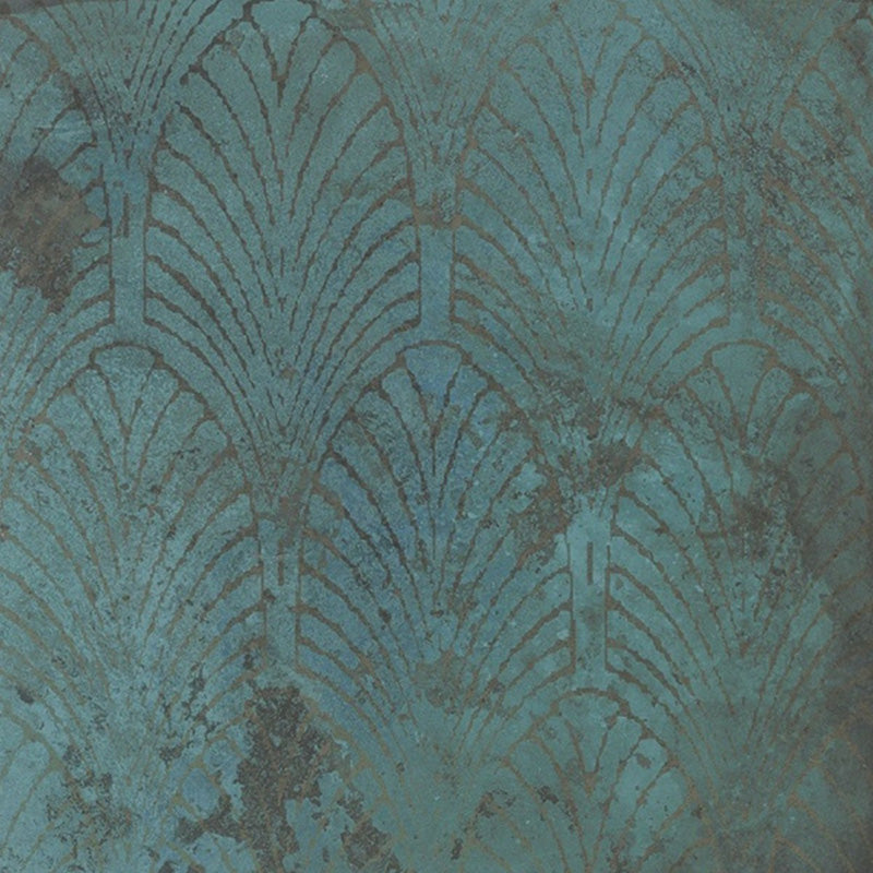 Close-up of Verde Patterns Copper Oxide 60cm x 60cm metallic effect porcelain tile, featuring an etched Art Deco-inspired fan pattern in rich blue-green tones for contemporary statement wall and floor designs.