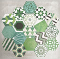 Fayrouz Verde Hexagon Patchwork Moroccan-style porcelain tiles in an 18.7 × 21.6cm hexagon format, showcasing a coordinated mix of geometric, starburst and zigzag patterns in layered green, sage, mint and charcoal tones, arranged as a decorative patchwork group to highlight colour variation and pattern diversity.