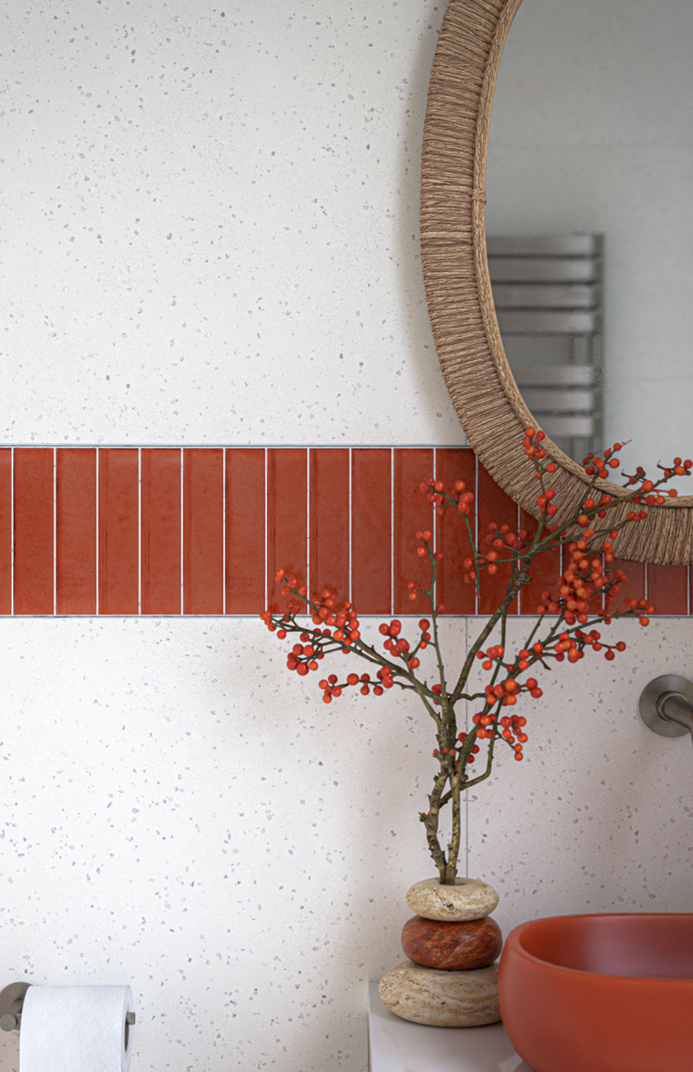 Verona Micro White 60cm x 60cm terrazzo effect porcelain tiles covering the walls and floor of a modern bathroom, paired with a coral tile feature strip, matching coral sanitaryware and a warm wood vanity.