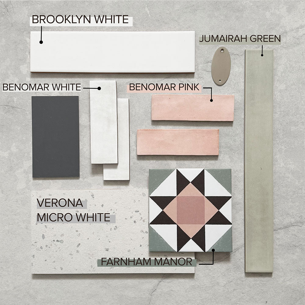 Flat lay moodboard featuring Verona Micro White concrete effect porcelain tile alongside white, sage green and blush pink wall tiles, a geometric patterned tile and coordinating colour samples for contemporary interior design inspiration.
