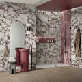 Bathroom interior featuring Viola Matt Honed Marble effect 60 × 120cm porcelain wall tiles, styled with a walk-in shower, burgundy vanity units, soft pink feature tiles, and bold veining creating a striking, design-led space.