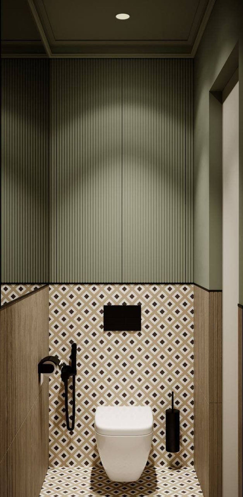 Bathroom featuring Viscount Park Road 20x20cm Victorian-style wall and floor tiles, paired with vertical olive wall panelling, wood-effect surfaces, and matte black fixtures for a refined contemporary interior.