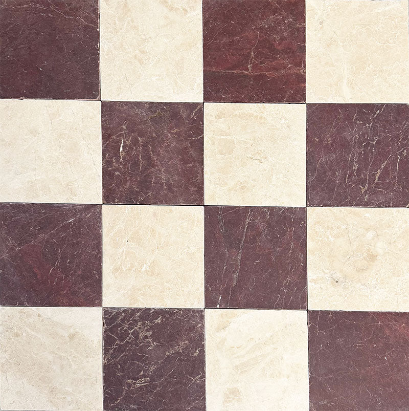 Chequerboard layout featuring Fayrouz Burgundy Red 15.2x15.2cm natural marble tiles with a tumbled finish, paired with light cream marble tiles, creating a classic square grid pattern with rich contrast and natural variation.