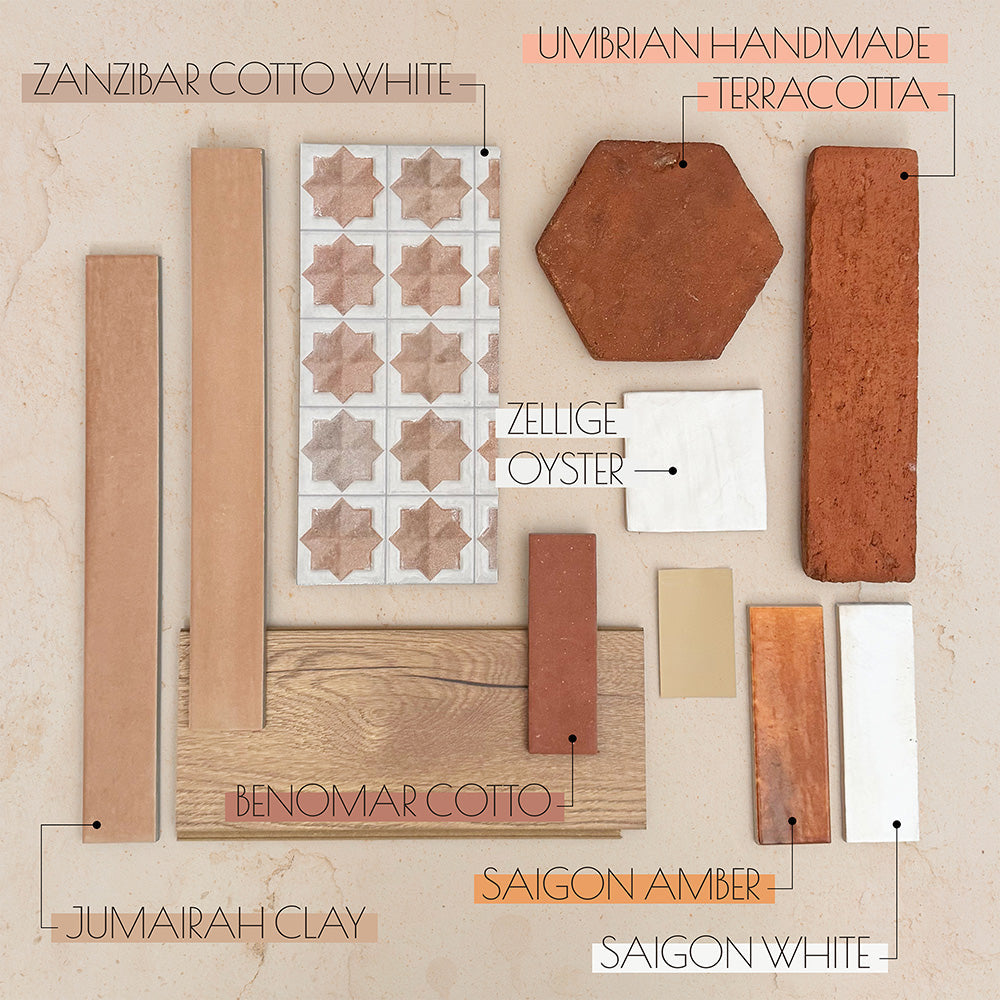 Moodboard featuring Zanzibar Moroccan Cotto White wall tiles paired with Umbrian Handmade Terracotta, Jumairah Clay, Benomar Cotto, Saigon Amber, Saigon White and glossy Zellige Oyster tiles, combining warm terracotta tones, natural wood and earthy textures for a Mediterranean-inspired interior.
