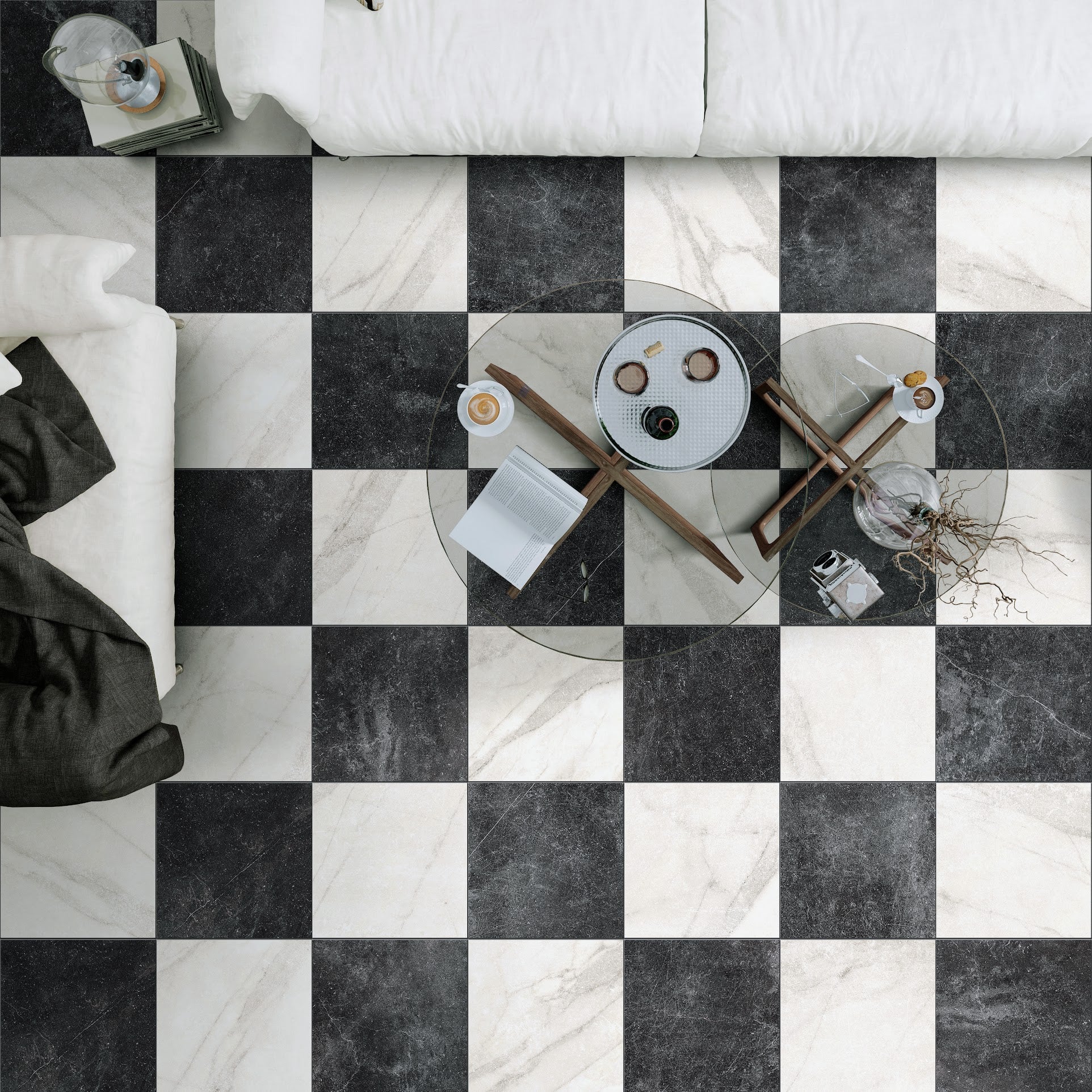 Vitoria Antique White Marble Style Chequerboard Tiles | 30cm x 30cm