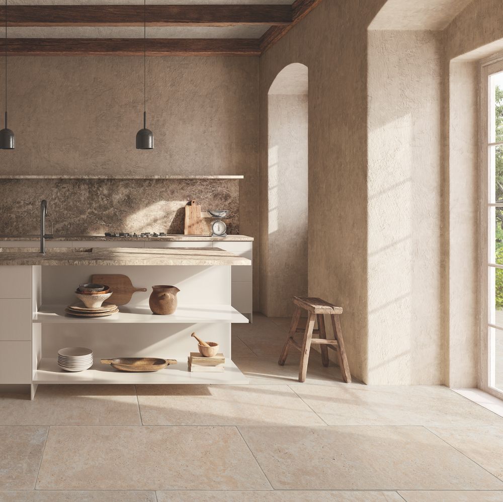 CUT TILE SAMPLE Flagstone Beige Tumbled Travertine Porcelain  (Cut piece 15cm x 25cm)