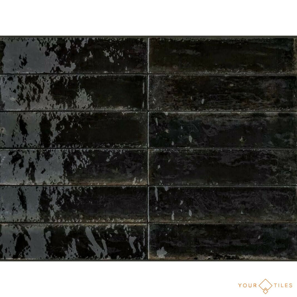 Levent Black Brick | Wall & Floor Gloss Porcelain Tiles | 6cm x 24cm