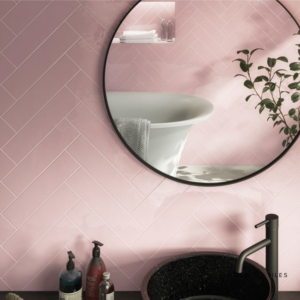 Brooklyn Rose Pink Gloss | Flat Subway Metro Brick Wall Tile | 7.5cm x 30cm