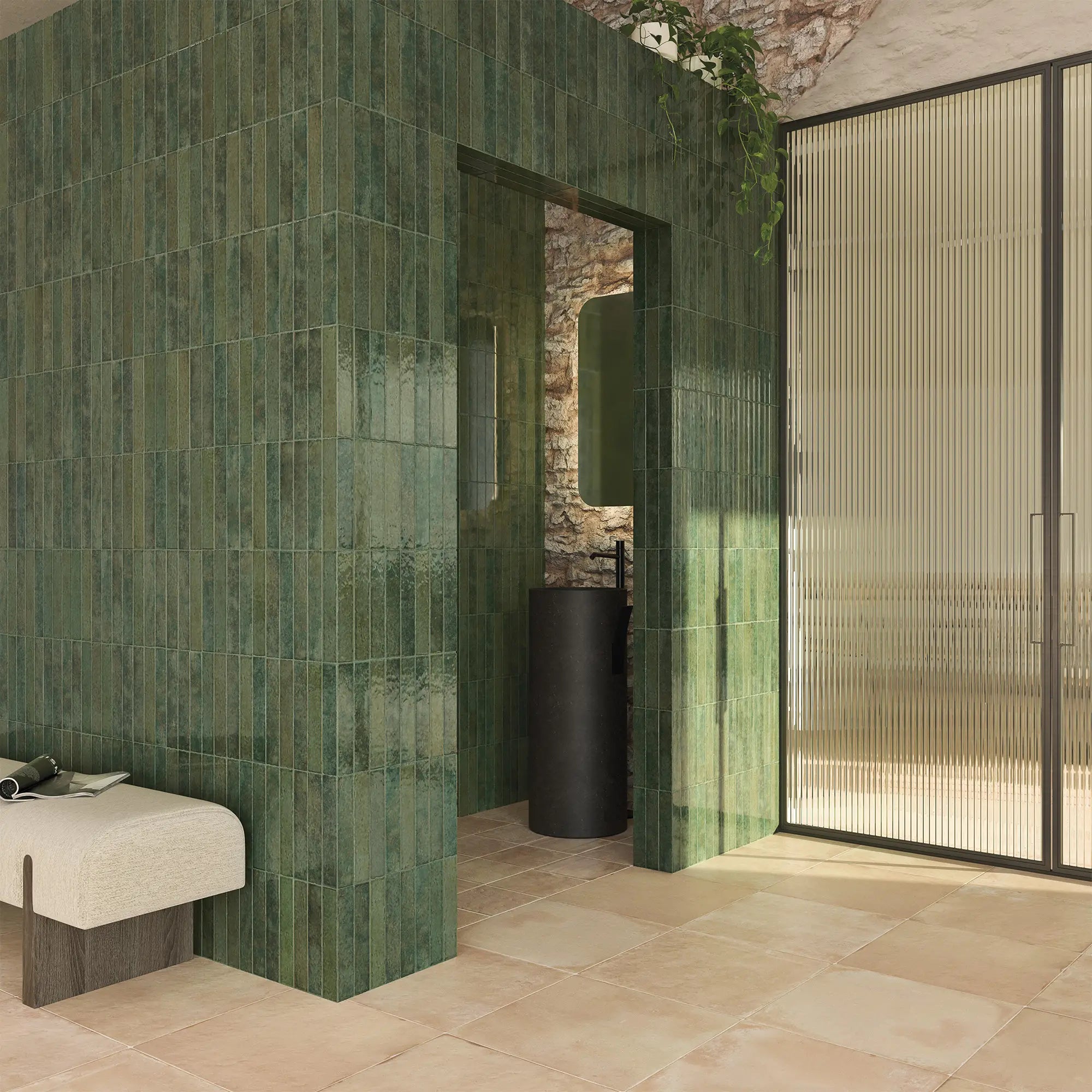 Pottery Brick Tile | Forest Green | Wall Tile | 5cm x 25cm | FULL TILE SAMPLE