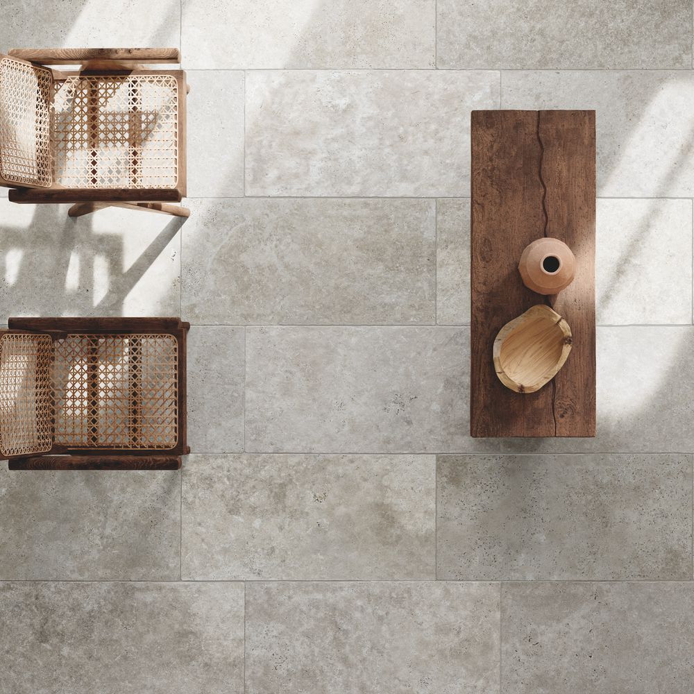 CUT TILE SAMPLE Flagstone Grey Tumbled Travertine Porcelain  (Cut piece 15cm x 25cm)