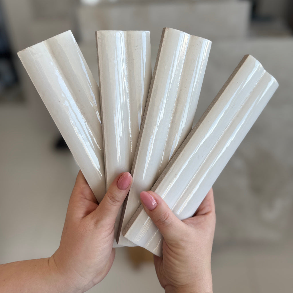 Levent Antique White Fluted Decor | Gloss Porcelain Tiles | 6cm x 24cm