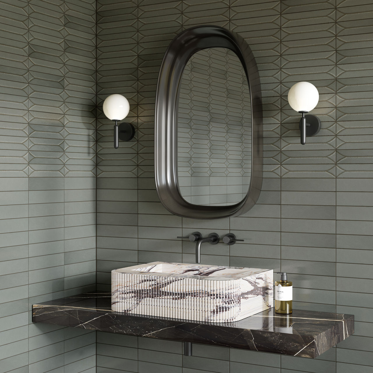 Baroque Lichen Green Porcelain Wall Tiles & Floor Tiles 9.1cm x 37.5cm