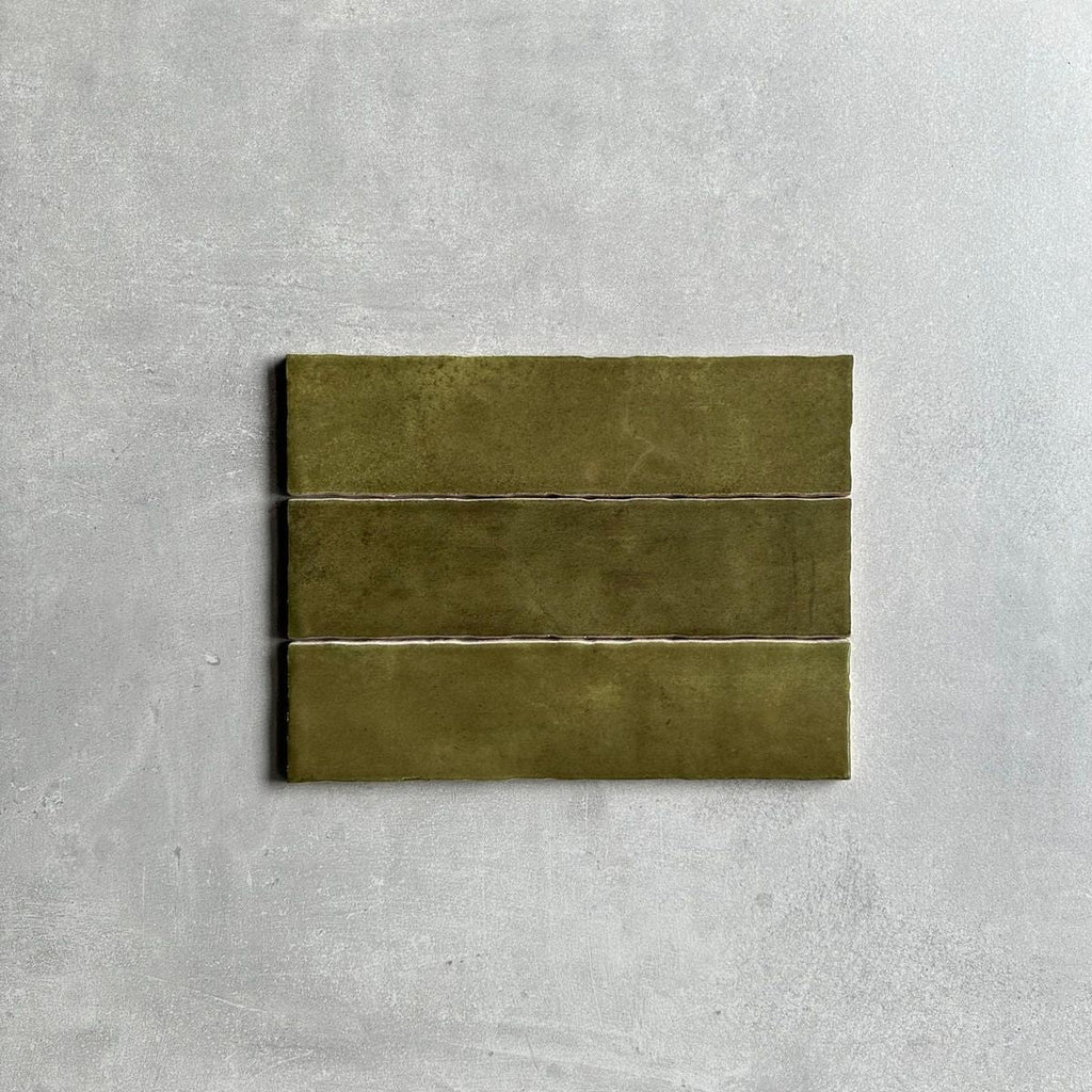Nairobi Tile | Gloss Olive Green | Handmade Effect | Rustic Tile | 7.5cm x 30cm