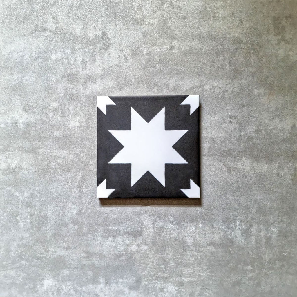 Kenifra Black Star Tiles White & Black Wall & Floor Tiles 20cm x 20cm